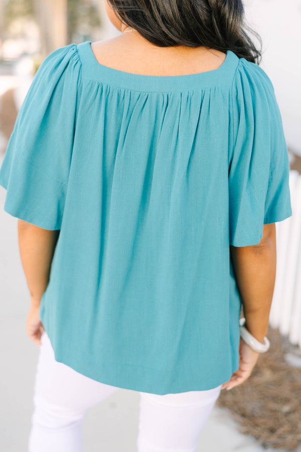 Chic Soul plus size clothing, teal square neck flutter sleeve baby doll top