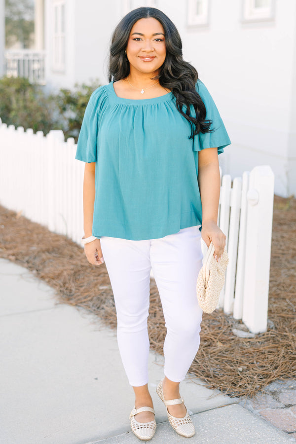 Chic Soul plus size clothing, teal square neck flutter sleeve baby doll top