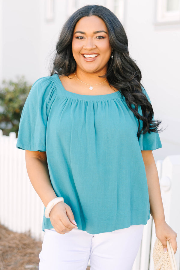 Chic Soul plus size clothing, teal square neck flutter sleeve baby doll top