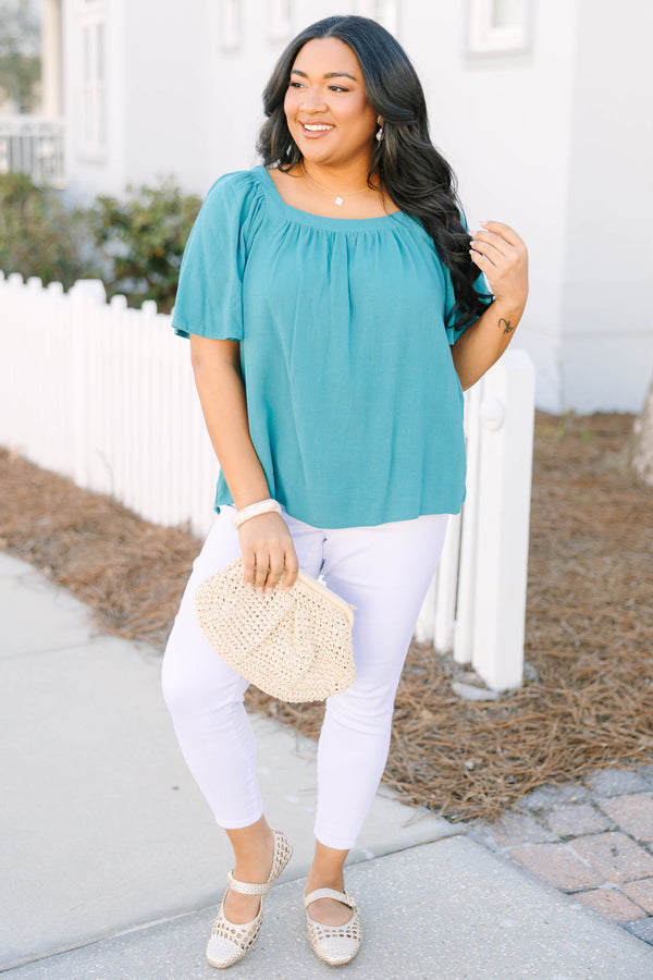 Chic Soul plus size clothing, teal square neck flutter sleeve baby doll top