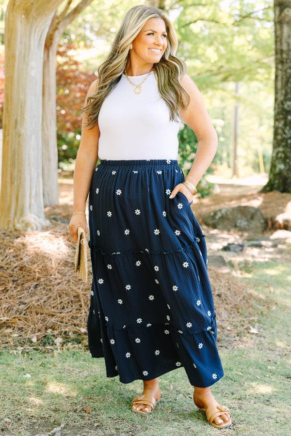 Chic Soul plus size clothing, navy tiered maxi skirt with elastic waistband and small white embroidered flowers