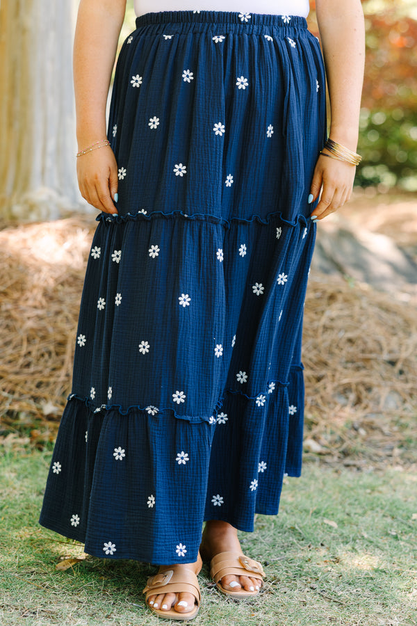Chic Soul plus size clothing, navy tiered maxi skirt with elastic waistband and small white embroidered flowers