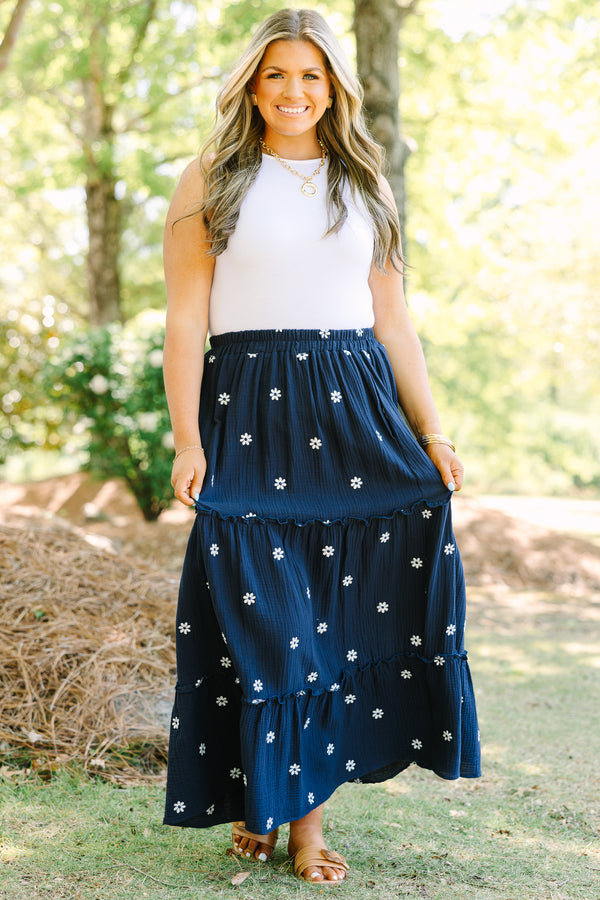 Chic Soul plus size clothing, navy tiered maxi skirt with elastic waistband and small white embroidered flowers