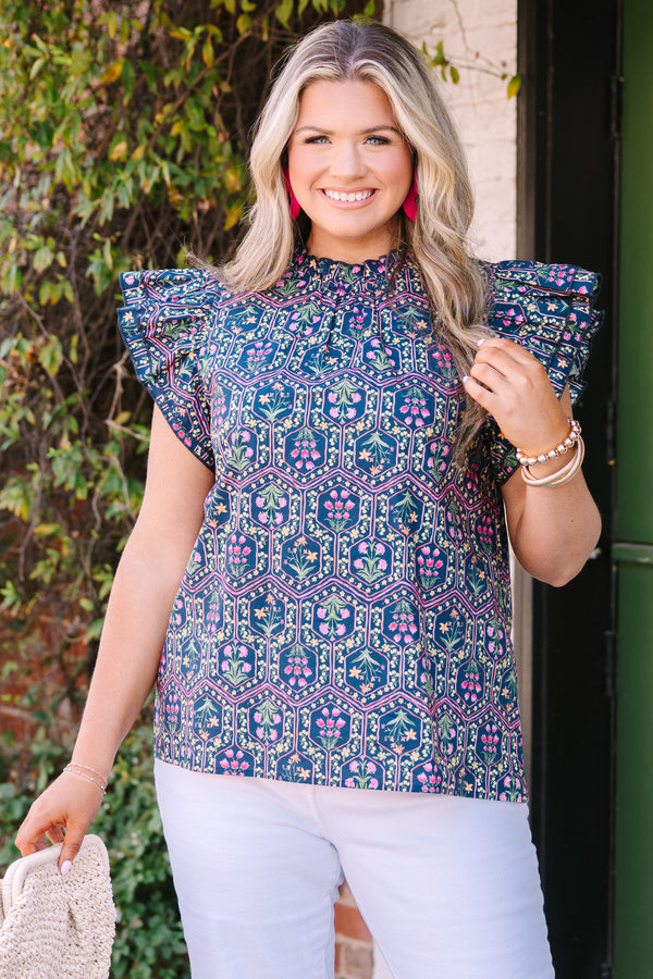 Chic Soul plus size clothing, navy blue top with flutter sleeves and a floral block pattern throughout 