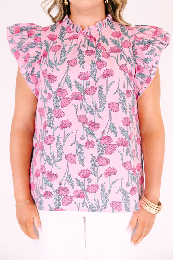 Chic Soul plus size clothing, light pink top with floral pattern, ruffle tiered sleeves and a high neckline with ruffles