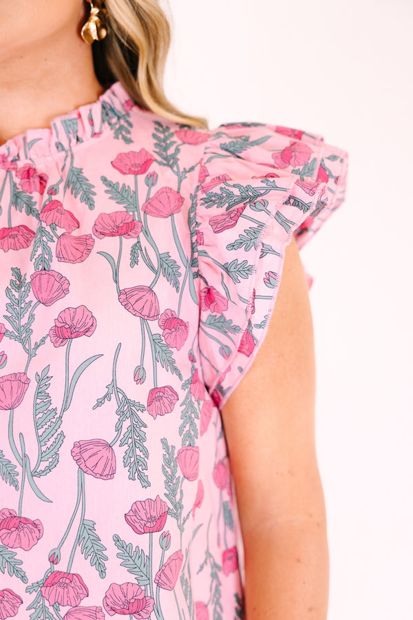 Chic Soul plus size clothing, light pink top with floral pattern, ruffle tiered sleeves and a high neckline with ruffles