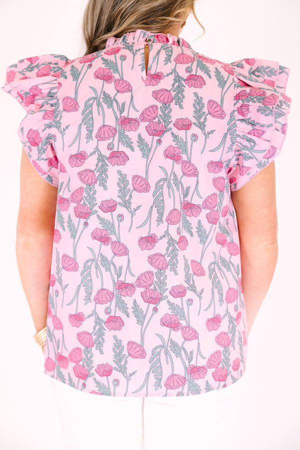 Chic Soul plus size clothing, light pink top with floral pattern, ruffle tiered sleeves and a high neckline with ruffles