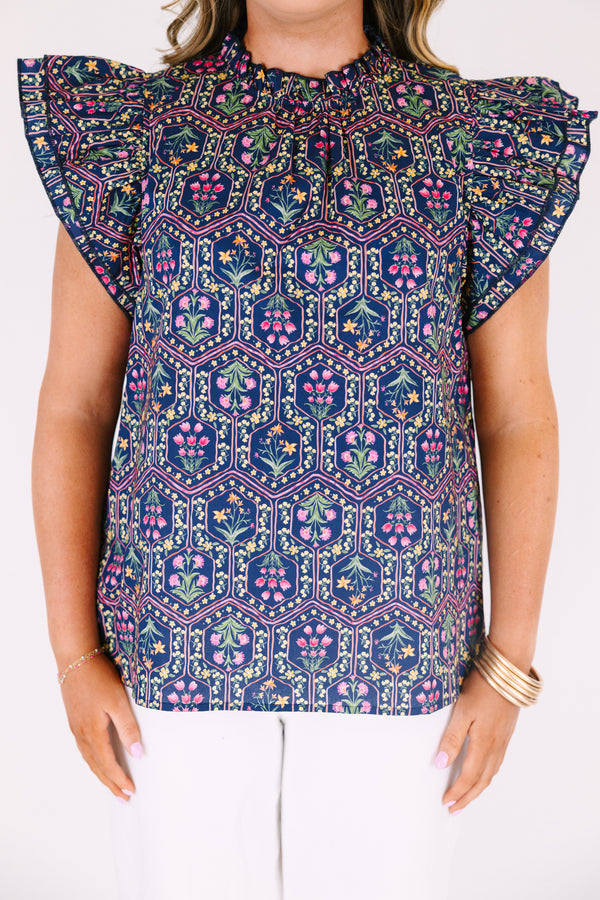 Chic Soul plus size clothing, navy blue top with flutter sleeves and a floral block pattern throughout 