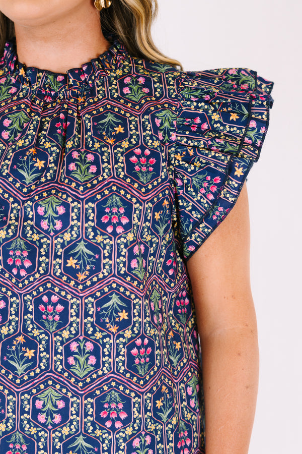 Chic Soul plus size clothing, navy blue top with flutter sleeves and a floral block pattern throughout 