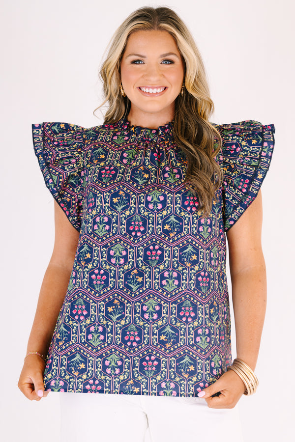 Chic Soul plus size clothing, navy blue top with flutter sleeves and a floral block pattern throughout 