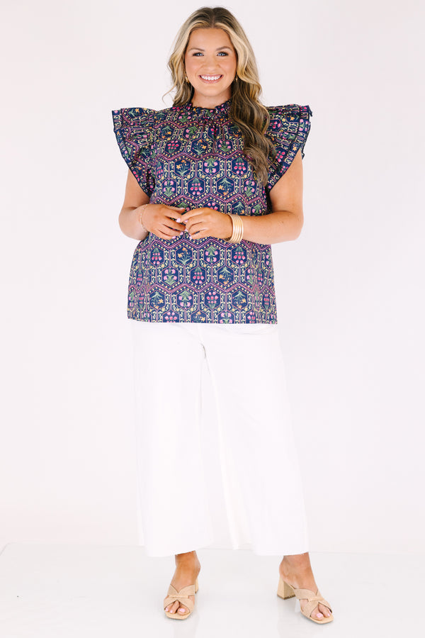 Chic Soul plus size clothing, navy blue top with flutter sleeves and a floral block pattern throughout 