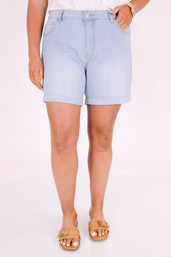 Chic Soul plus size clothing, light wash mid length shorts with cuffed hem and no distressing