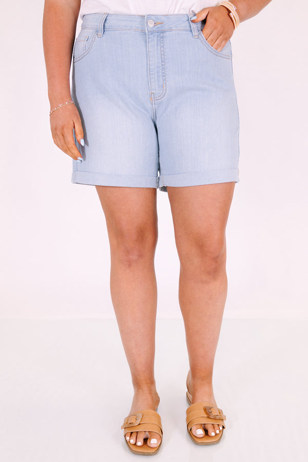 Chic Soul plus size clothing, light wash mid length shorts with cuffed hem and no distressing
