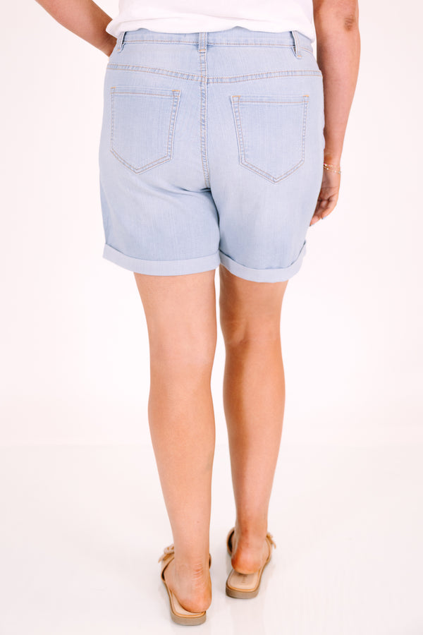 Chic Soul plus size clothing, light wash mid length shorts with cuffed hem and no distressing