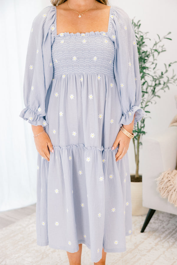 Chic Soul plus size clothing, blue tiered maxi dress with long sleeves that have a ruffle detail at the end of the sleeve and white stitched florals throughout as well as a square neckline
