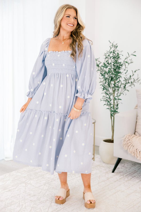 Chic Soul plus size clothing, blue tiered maxi dress with long sleeves that have a ruffle detail at the end of the sleeve and white stitched florals throughout as well as a square neckline
