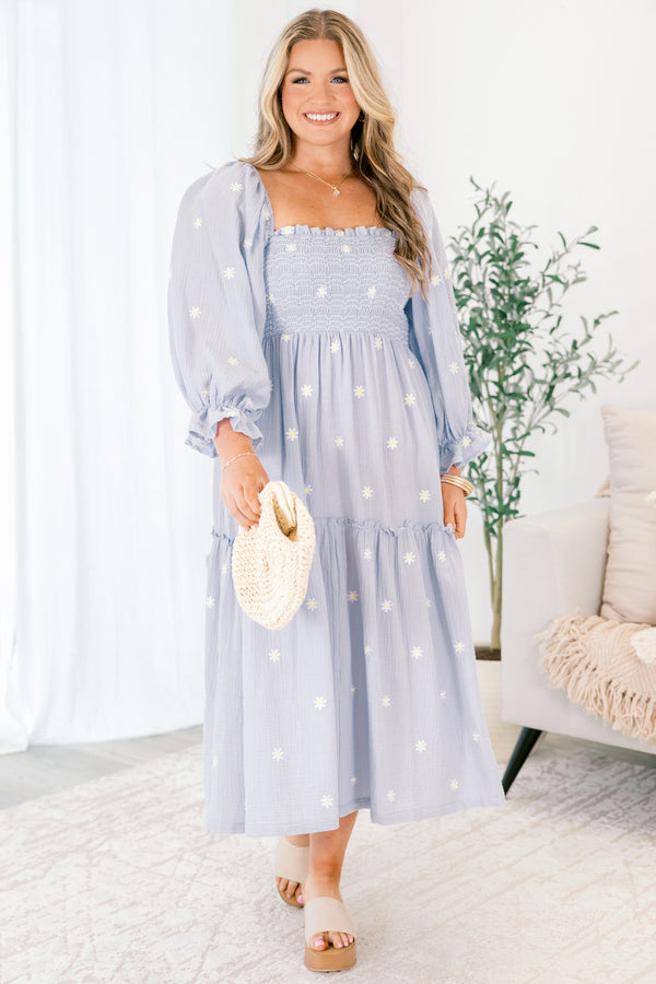 Chic Soul plus size clothing, blue tiered maxi dress with long sleeves that have a ruffle detail at the end of the sleeve and white stitched florals throughout as well as a square neckline

