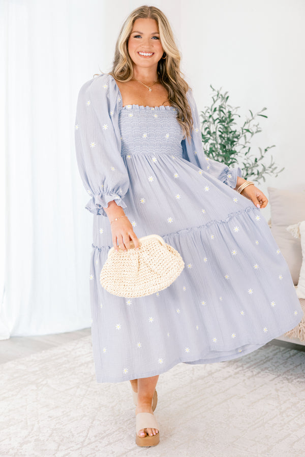 Chic Soul plus size clothing, blue tiered maxi dress with long sleeves that have a ruffle detail at the end of the sleeve and white stitched florals throughout as well as a square neckline
