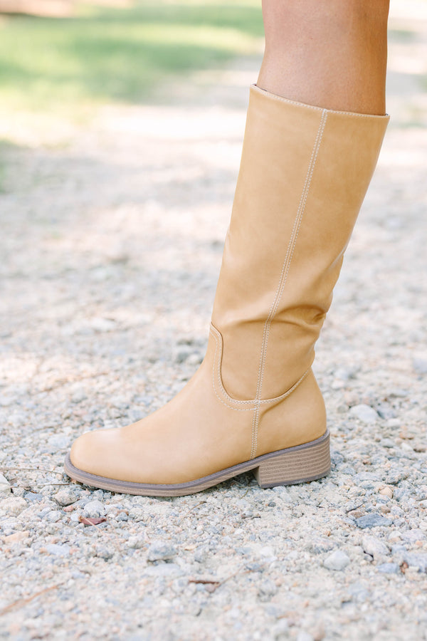 Plus Size camel-colored knee-high boots with a side zipper, low block heel, and round toe.