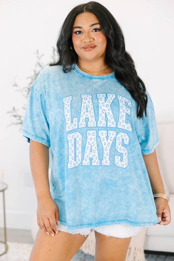 Plus Size relaxed acid wash tee in deep sky blue with leopard print Lake Days graphic.