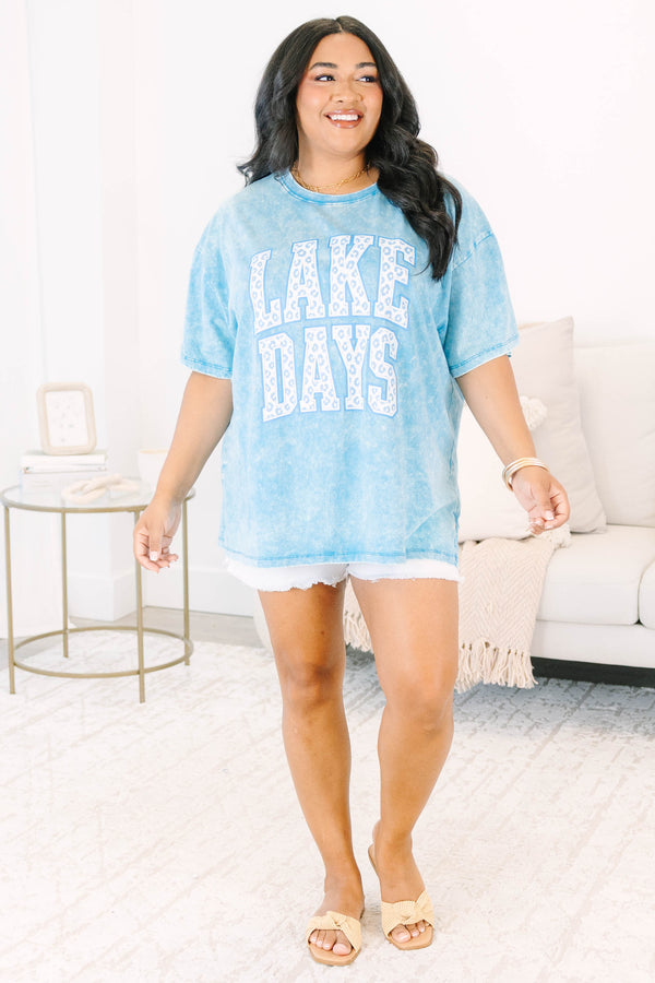 Plus Size relaxed acid wash tee in deep sky blue with leopard print Lake Days graphic.