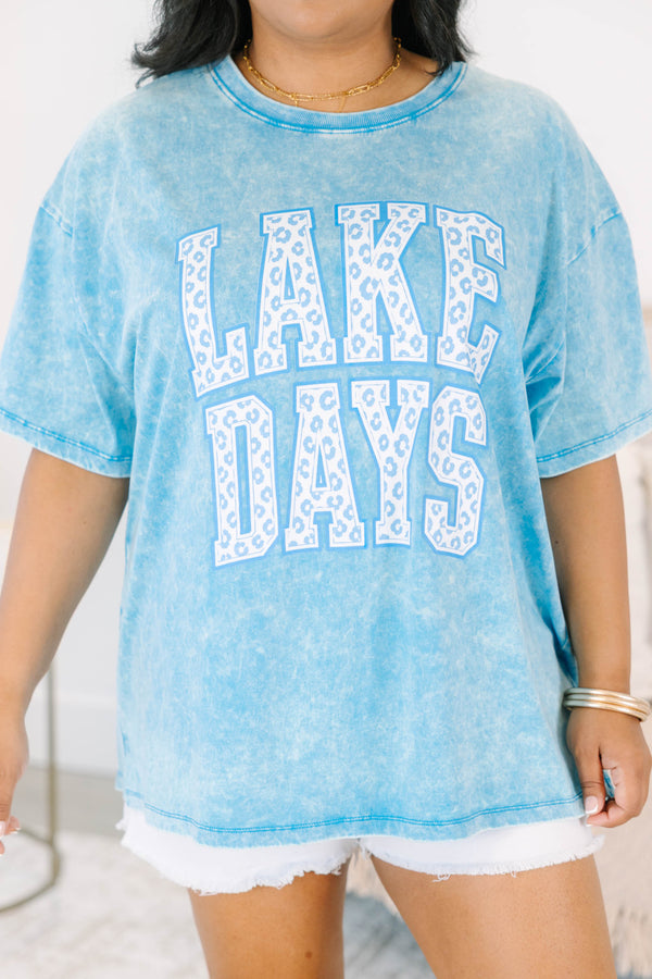 Plus Size relaxed acid wash tee in deep sky blue with leopard print Lake Days graphic.