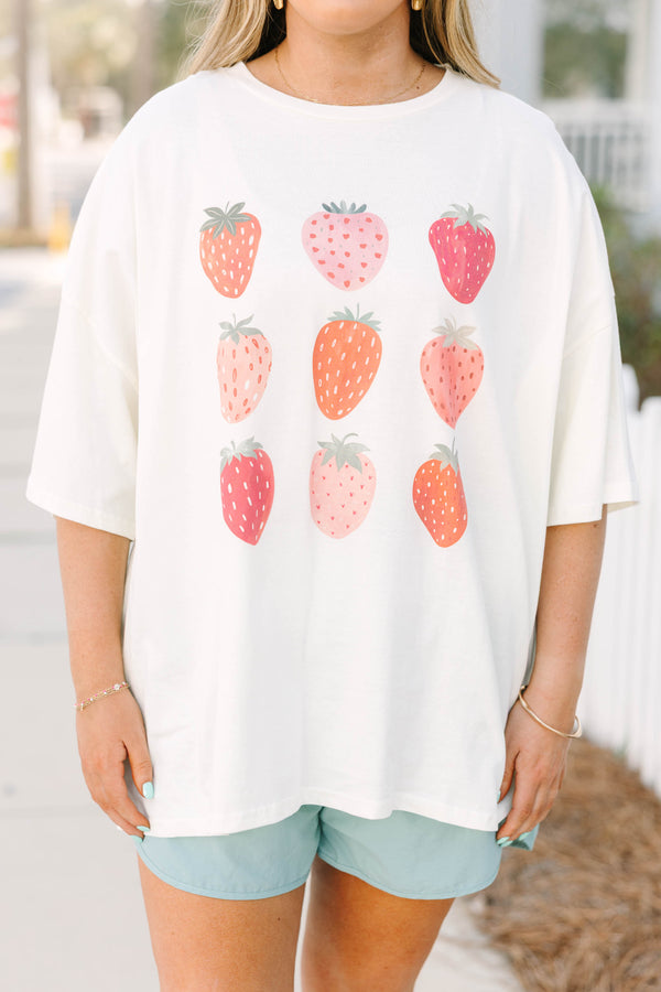 Chic Soul plus size clothing, white short sleeve boyfriend tee with nine red and pink strawberry graphics on the front