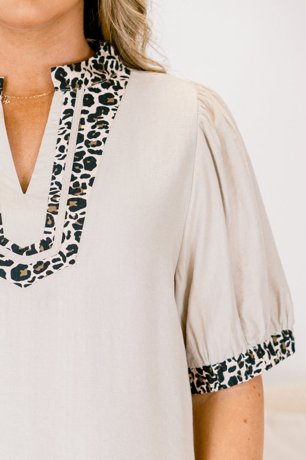 Chic Soul plus size clothing, grey short puff sleeve top with leopard trim along the edges of the sleeve and outlining the v-neckline collar