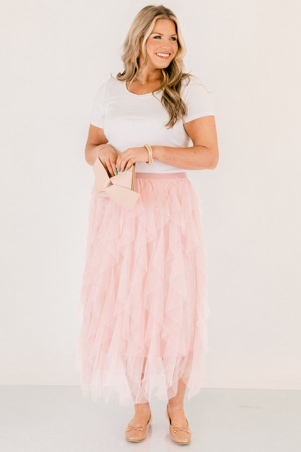 Chic Soul plus size clothing, light pink tulle ruffle maxi skirt with elastic waist band