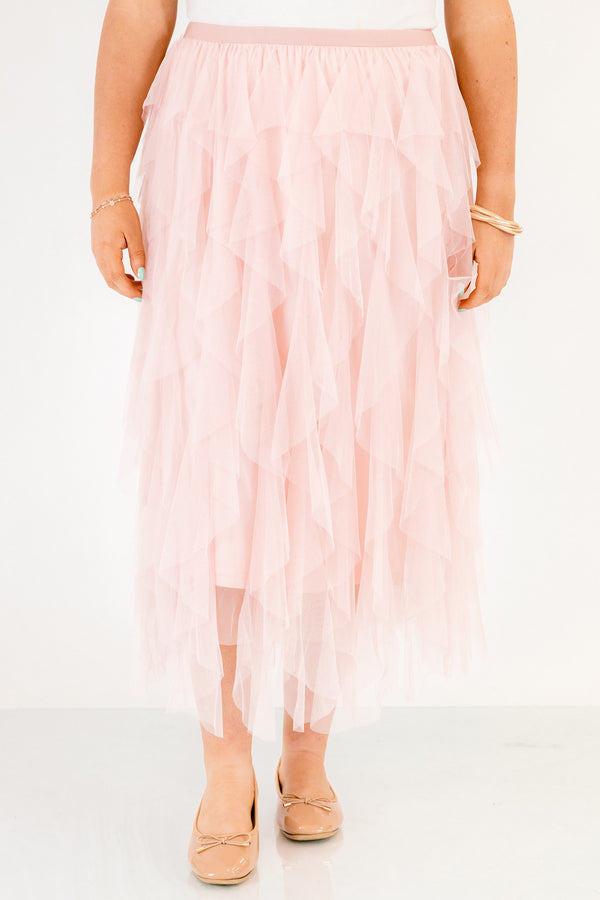 Chic Soul plus size clothing, light pink tulle ruffle maxi skirt with elastic waist band