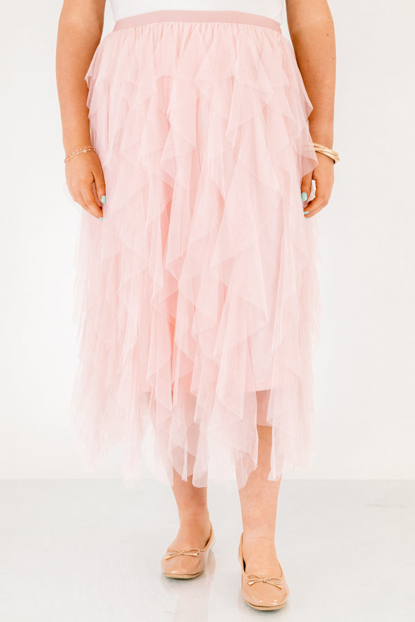 Chic Soul plus size clothing, light pink tulle ruffle maxi skirt with elastic waist band