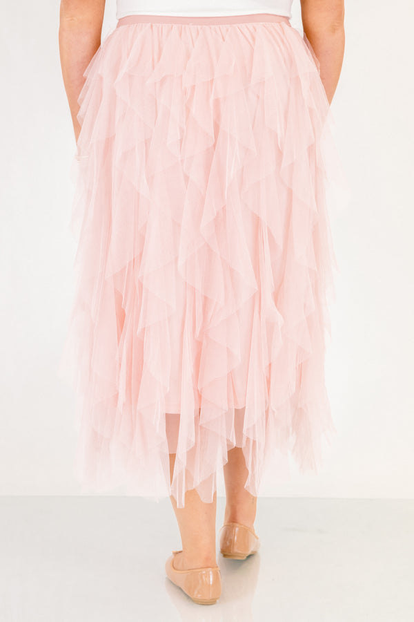 Chic Soul plus size clothing, light pink tulle ruffle maxi skirt with elastic waist band