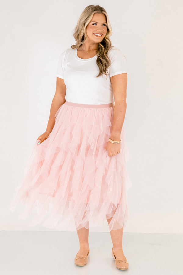 Chic Soul plus size clothing, light pink tulle ruffle maxi skirt with elastic waist band