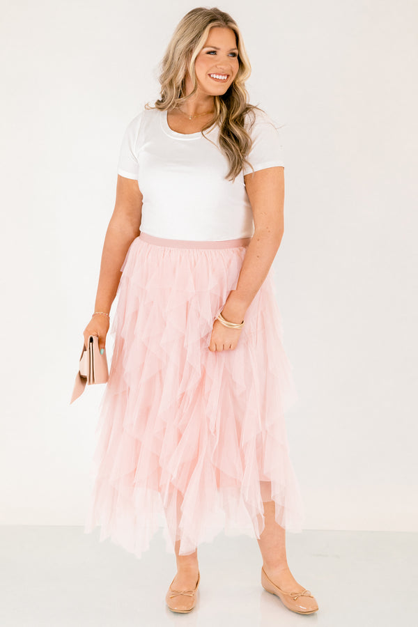 Chic Soul plus size clothing, light pink tulle ruffle maxi skirt with elastic waist band