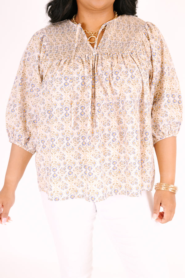 Chic Soul plus size clothing, ivory three quarter sleeve top with a floral pattern and slight v-neckline 