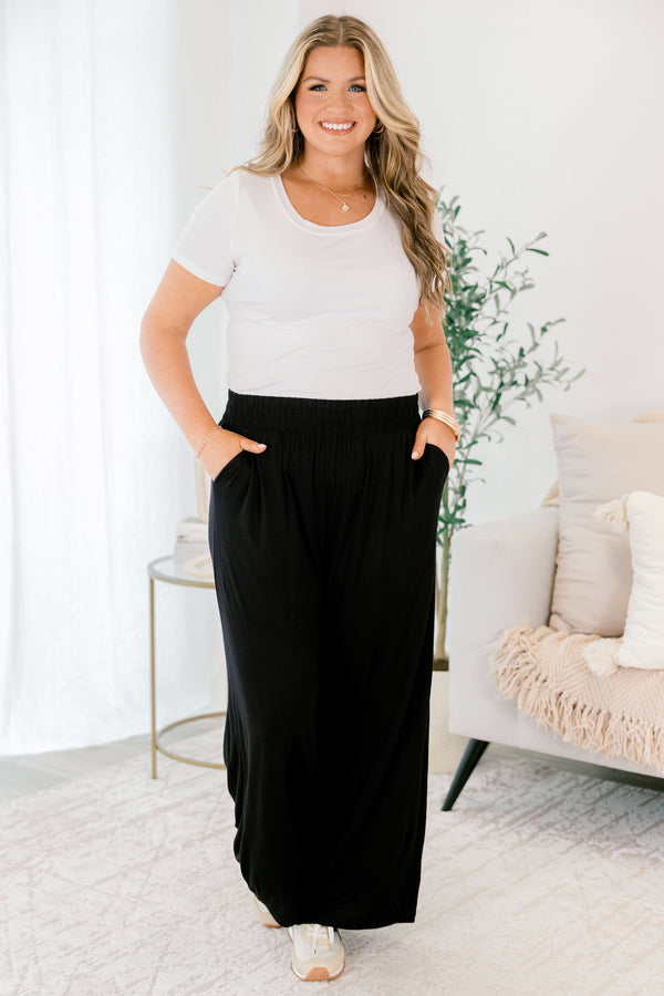 Chic Soul plus size clothing, black straight leg pant with two front pockets and a stretch waistband 