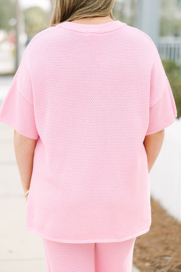 Chic Soul plus size clothing, pink short sleeve and stretchy waistband pants set with four wooden buttons along the v-neckline