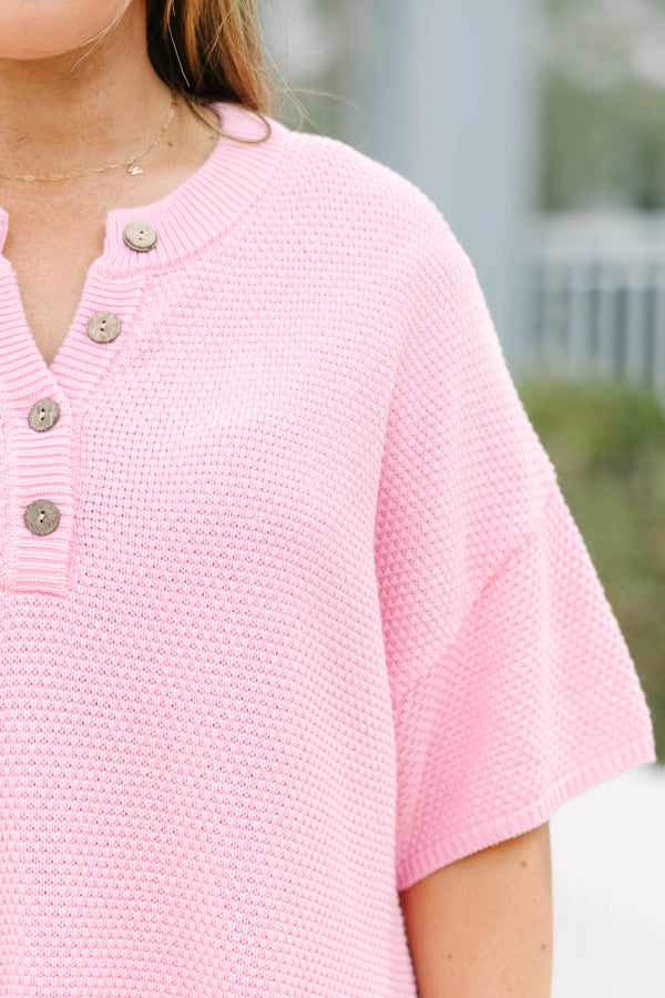 Chic Soul plus size clothing, pink short sleeve and stretchy waistband pants set with four wooden buttons along the v-neckline