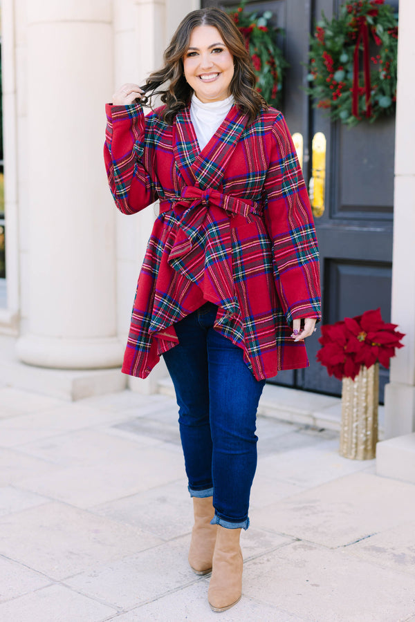 Plus Size red plaid wrap jacket with a tie waist, shawl collar, and long sleeves.