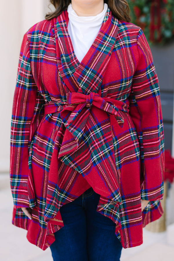 Plus Size red plaid wrap jacket with a tie waist, shawl collar, and long sleeves.