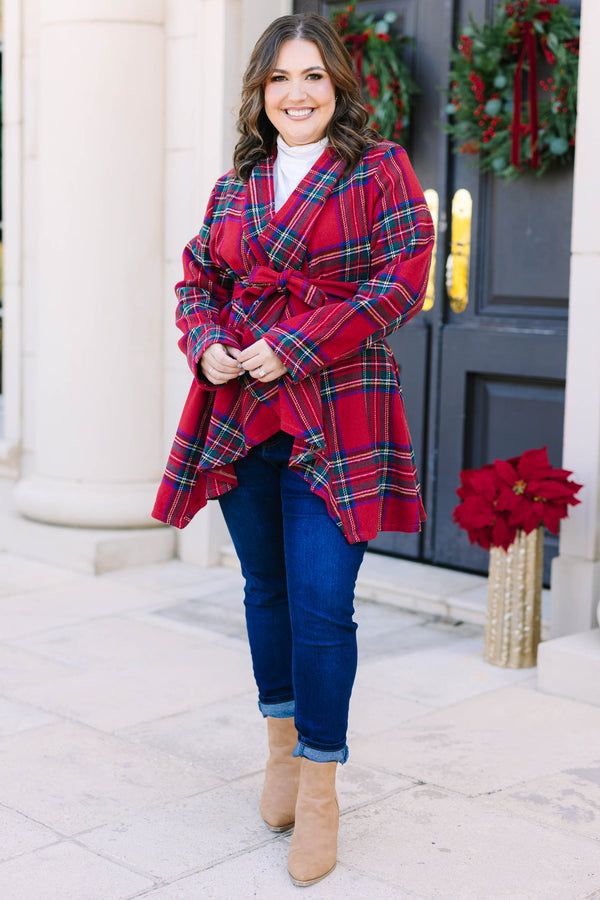 Plus Size red plaid wrap jacket with a tie waist, shawl collar, and long sleeves.