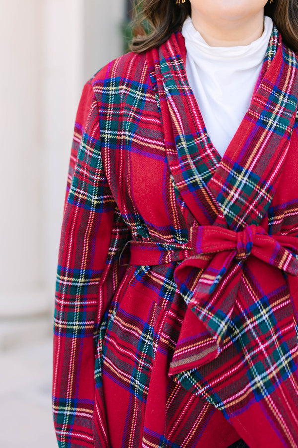 Plus Size red plaid wrap jacket with a tie waist, shawl collar, and long sleeves.