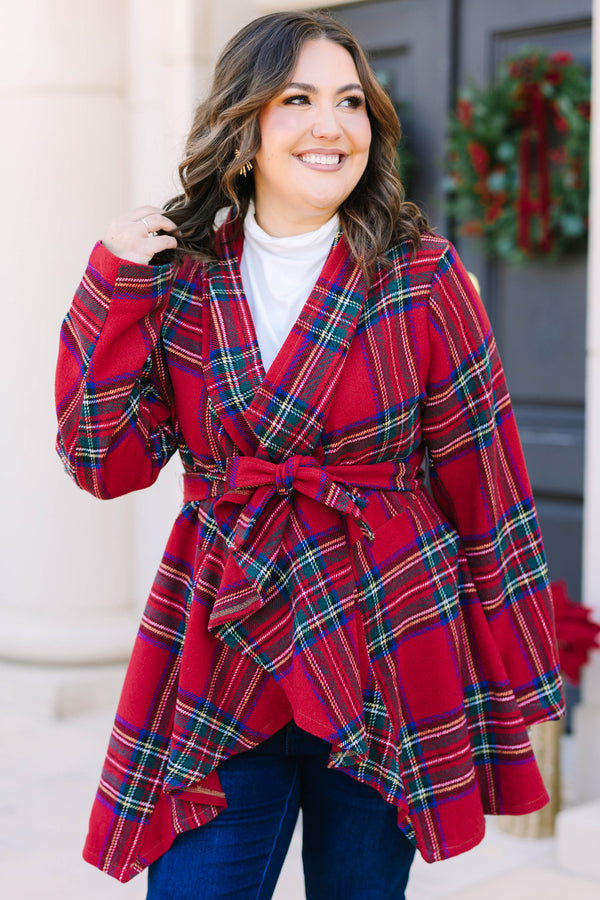 Plus Size red plaid wrap jacket with a tie waist, shawl collar, and long sleeves.