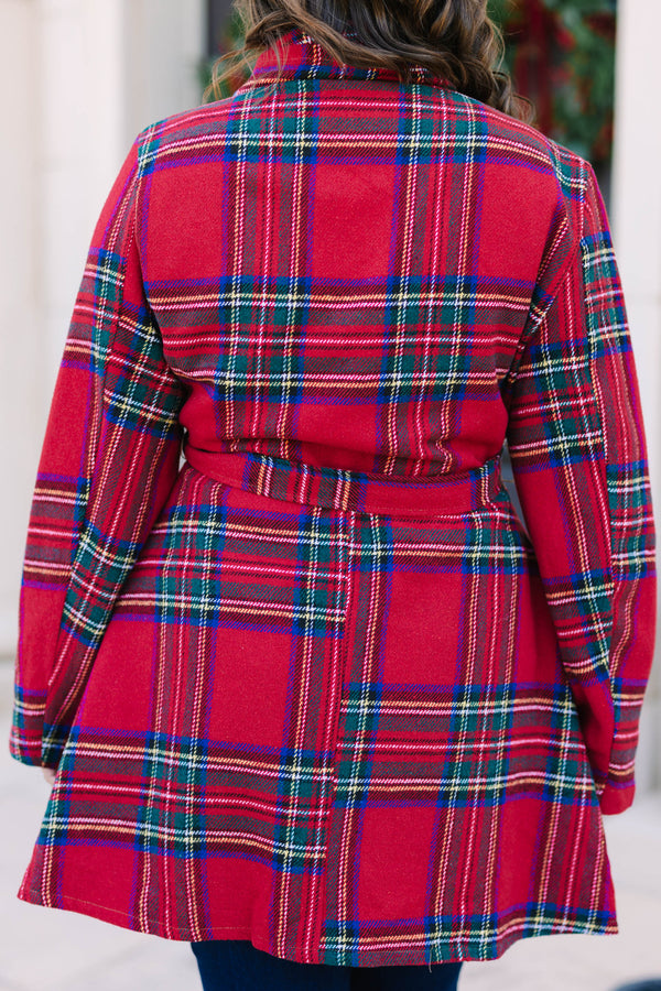 Plus Size red plaid wrap jacket with a tie waist, shawl collar, and long sleeves.