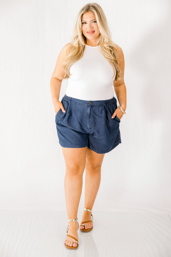 Chic Soul plus size clothing,dark wash mid thigh length slouchy denim shorts