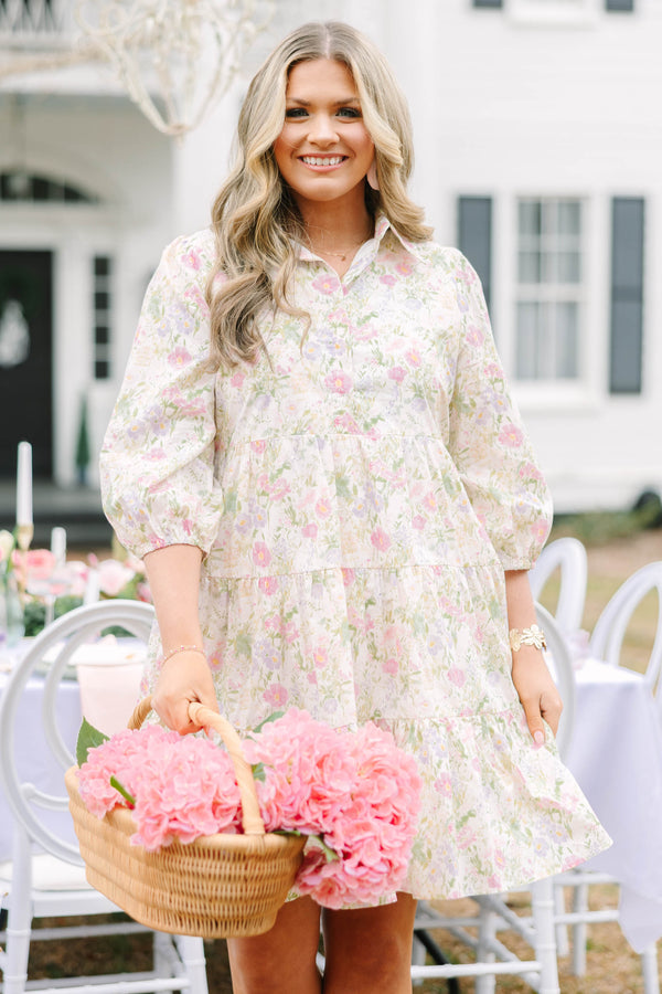 Chic Soul plus size clothing, cream mid sleeve short babydoll dress with pink and green floral print and collar and cinching at the bottom of the sleeves