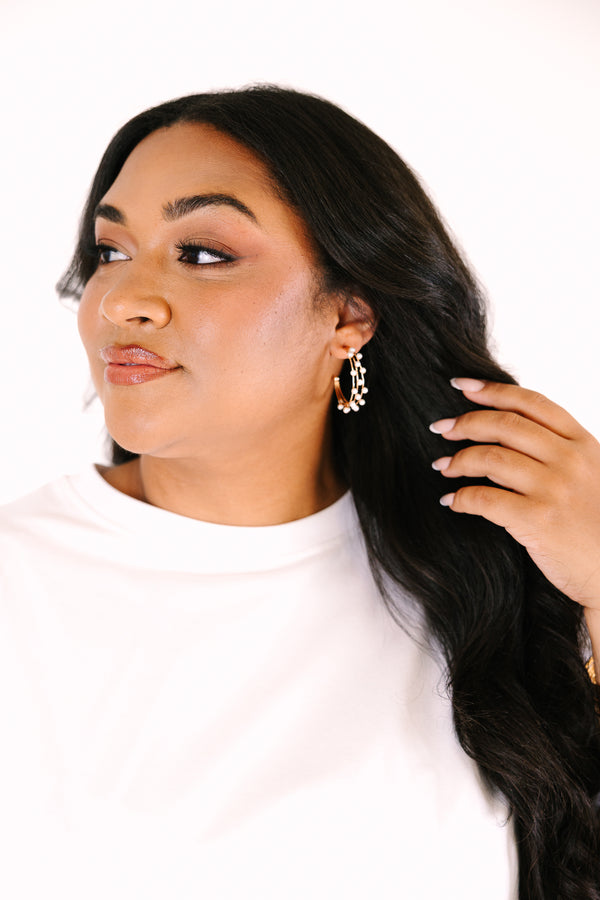 Chic Soul plus size clothing, gold hoop earrings with pearl accents throughout 