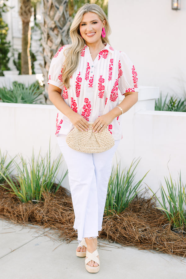Chic Soul plus size clothing,  White top with bubble sleeves and buttons going down to the chest area, featuring an all-over pink floral block pattern.