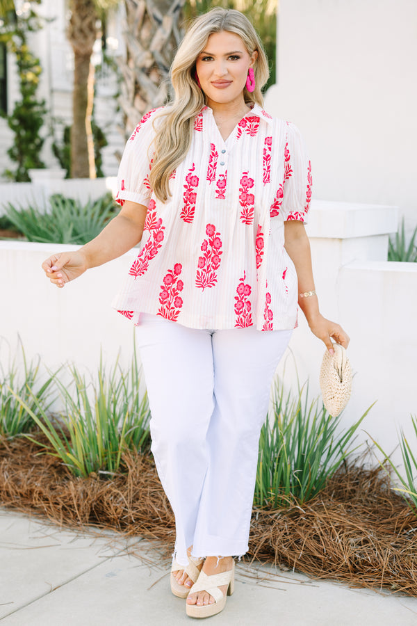 Chic Soul plus size clothing,  White top with bubble sleeves and buttons going down to the chest area, featuring an all-over pink floral block pattern.