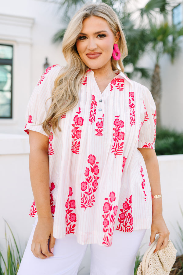 Chic Soul plus size clothing,  White top with bubble sleeves and buttons going down to the chest area, featuring an all-over pink floral block pattern. 
